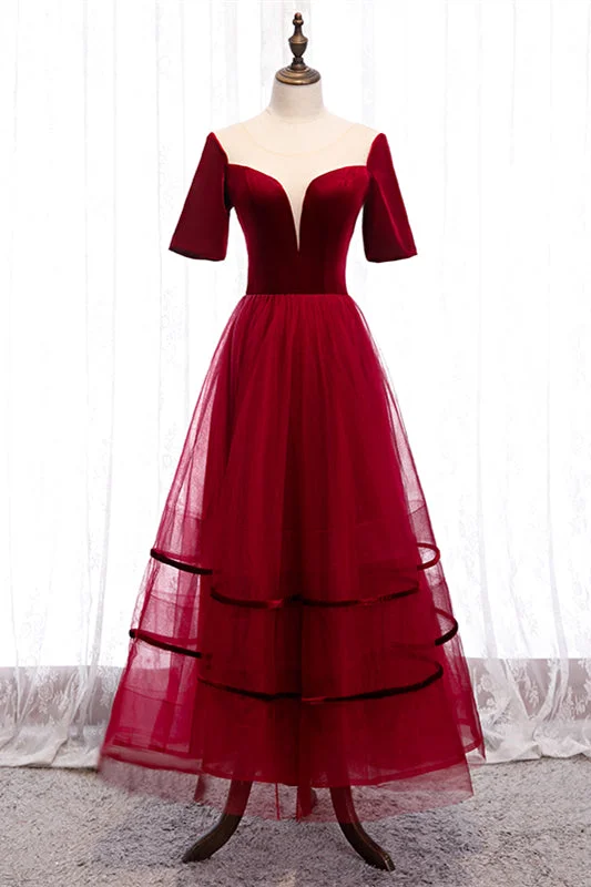 Get It Before It’s Gone formal dressRed Illusion Deep V Neck Sleeves Straps Detail Tulle Ankle Length Formal Dress