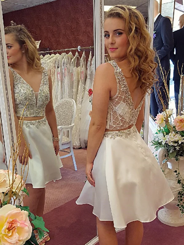 Buy Now Two Piece Homecoming Dresses A-line Straps Sparkly Short Prom Dress Party Dress JK827