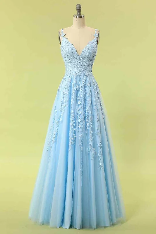 Final Markdown sophisticated dressSky Blue A-line V Neckline Applique Tulle Long Prom Dress
