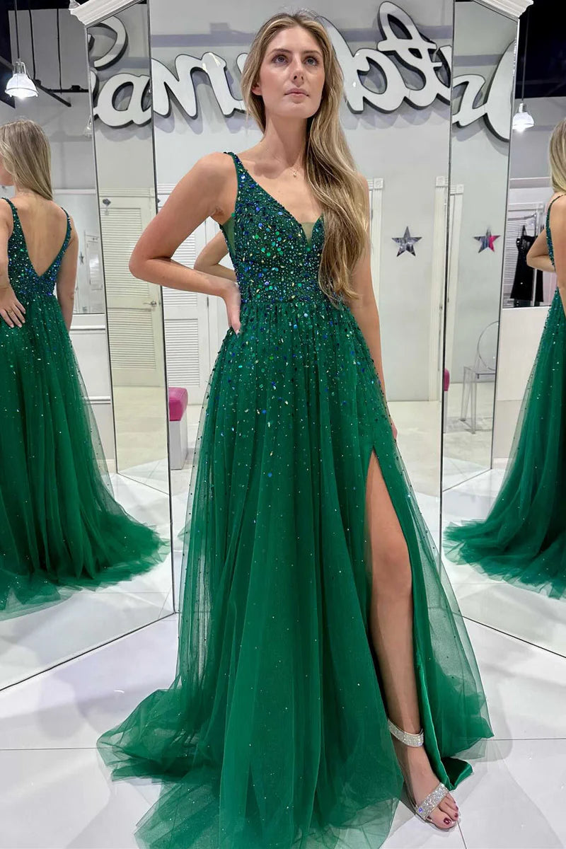 Savings Event elegant dressTulle A-Line V-Neck Sleeveless Beaded With Side Slit Prom Dress