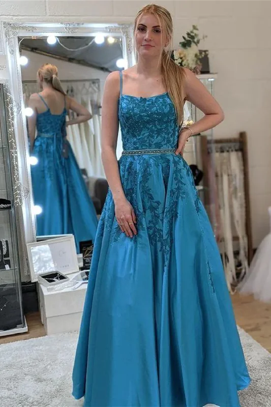 Don't Miss classic fit-and-flare dressA Line Open Back Blue Lace Long Prom Dresses with Belt, Blue Lace Formal Dresses, Blue Evening Dresses Y174
