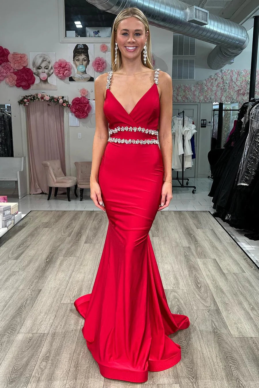 Flash Sale bohemian dressV-Neck Spaghetti Straps Beaded Open Back Prom Dress