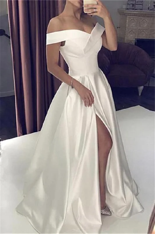 Fantastic Offers White Silky Off the shoulder High split Princess Wedding Dress