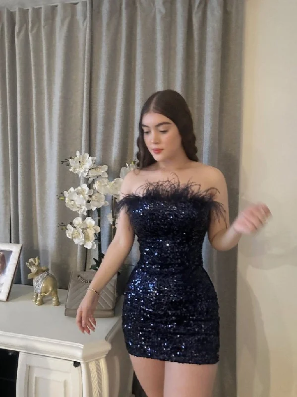 Closeout Sale ruched dressStrapless Feather-Trim Sequin Bodycon Dress,Short Homecoming Dress Y4602