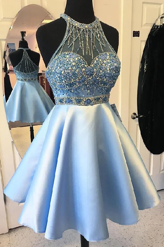 Special Discount Blue Short A-line Halter Beading Satin  Homecoming Dresses GJS112