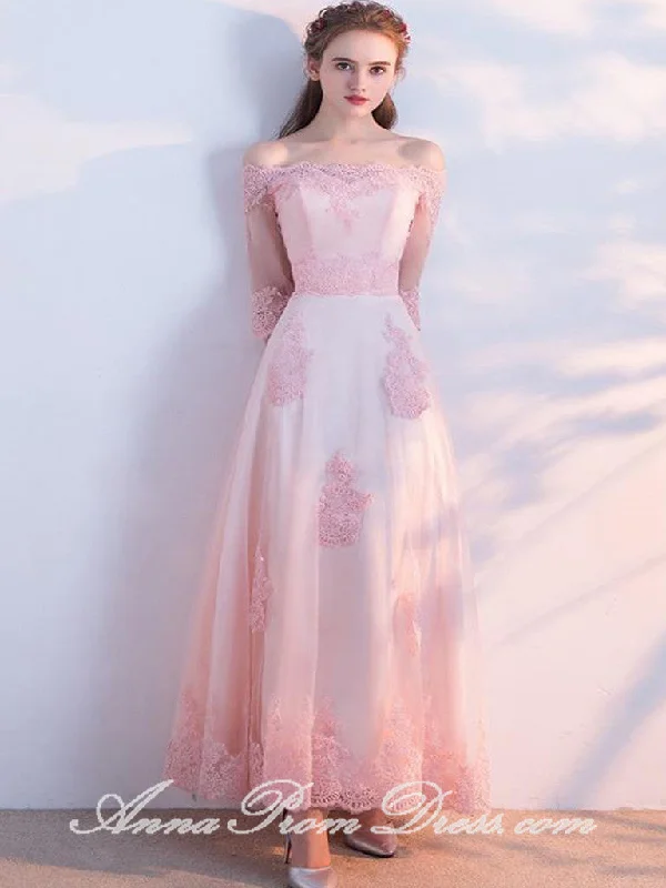 Act Fast Long Prom Dresses Off-the-shoulder Aline Floor-length Tulle Pink Prom Dress JKL595