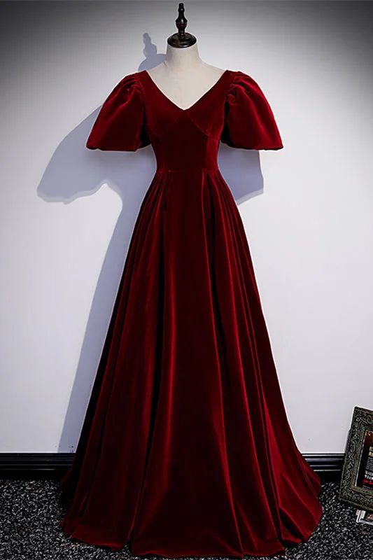 Super Deal party-ready dressBurgundy A-line V Neck Puff Sleeves Lace-Up Velvet Long Formal Dress Super Deal party-ready dressBurgundy A-line V Neck Puff Sleeves Lace-Up Velvet Long Formal Dress