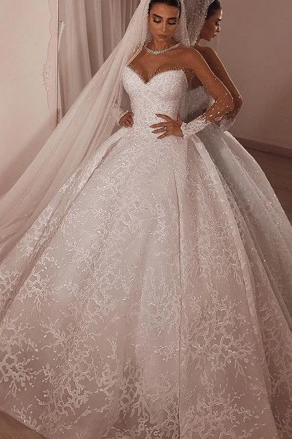 Exclusive Preview Luxurious Sparkle Beaded Ball Gown Tulle Lace Illusion neck Wedding Dress