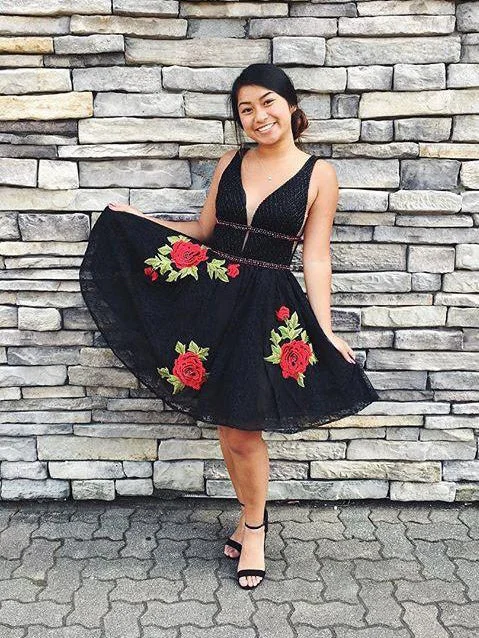 Overstock Little Black Dress Lace Homecoming Dresses Embroidery Short Prom Dress Party Dress JK813