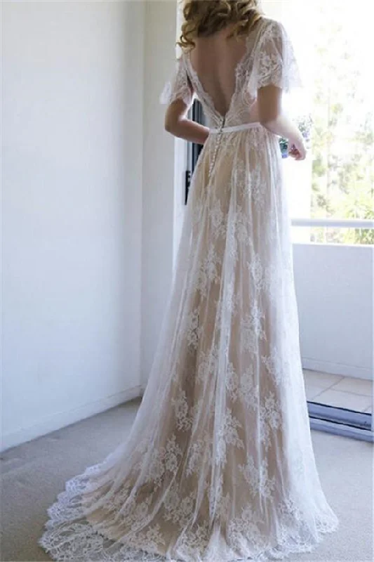 Super Bargain Summer Champange V neck Cap sleeveles Lace Beach Wedding Dress