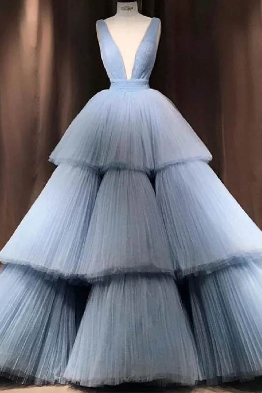 Customer Appreciation Sale Modest Ball Gown Long V-neck Light Blue Princess Prom Dresses Quinceanera Dresses