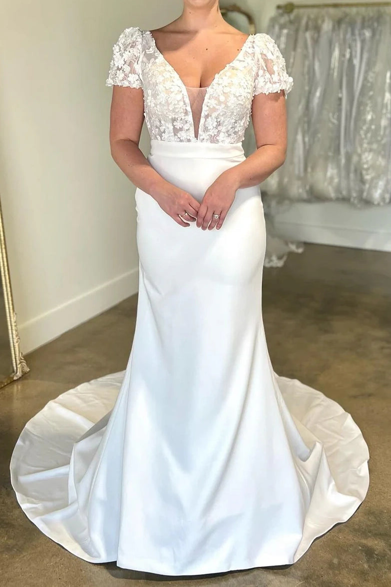 Members Only sophisticated dressLow V-Neck Short Sleeves Empire Long Wedding Dress