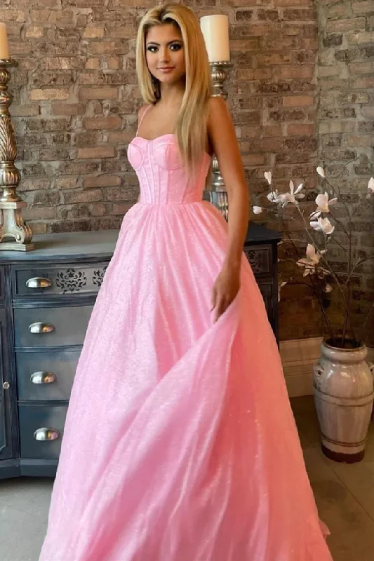 Price Blitz flowy evening dressShiny Pink Tulle Long Prom Dress, Spaghetti Straps Pink Formal Dress, Sparkly Pink Evening Dress Y209