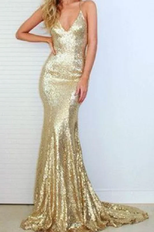 Take Advantage Sexy Mermaid Gold Sequence Backless Prom Formal Evening Dresses GJS148