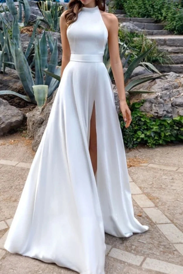 Stock Clearance statement dressHigh Neck Sleeveless Open Back Satin A-Line Wedding Dress With Slit Stock Clearance statement dressHigh Neck Sleeveless Open Back Satin A-Line Wedding Dress With Slit
