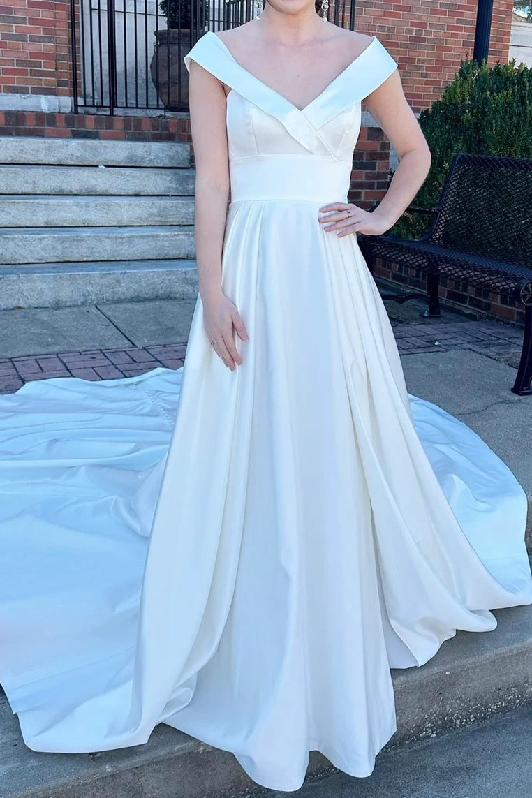Hot Deal satin midi dressV-Neck Sleeveless Empire With Train Wedding Dress