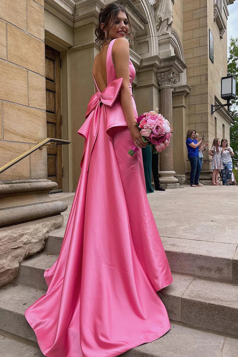 Special Savings elegant shift dressCasual Satin Fitted V-Neck Sleeveless With Train Prom Dress
