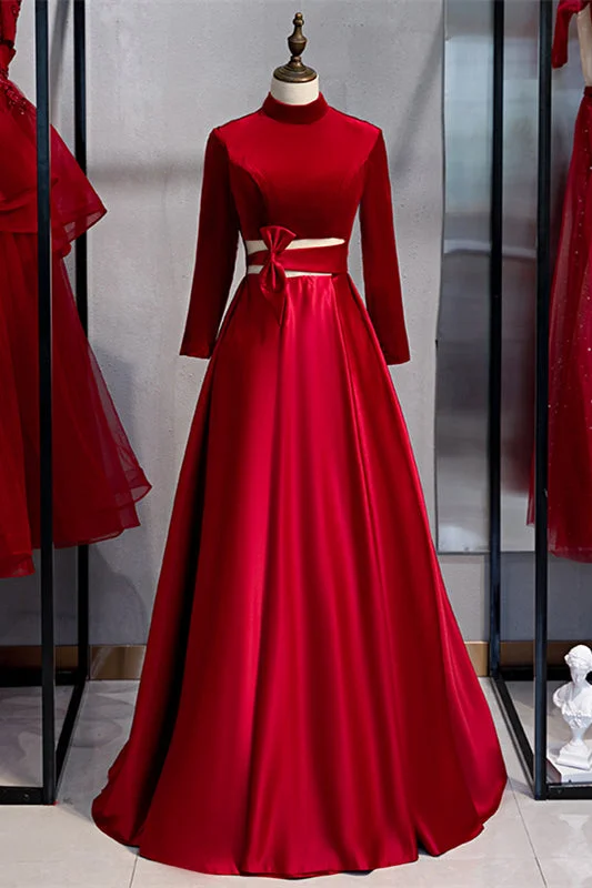 Buy More, Save More sleeveless dressRed A-line High Neck Long Sleeves Cut-Out Keyhole Maxi Formal Dress with Bow