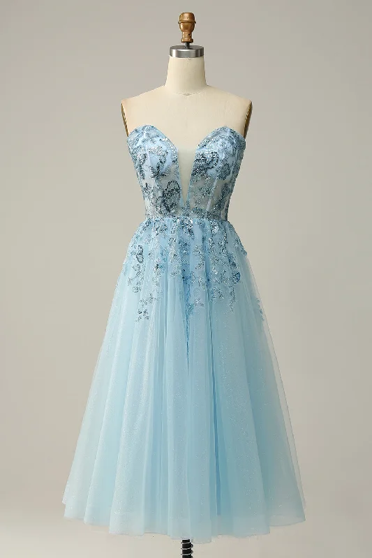 Savings Galore casual midi dressLight Blue Strapless Plunging V Neck Sequin-Embroidered Tea-Length Prom Dress