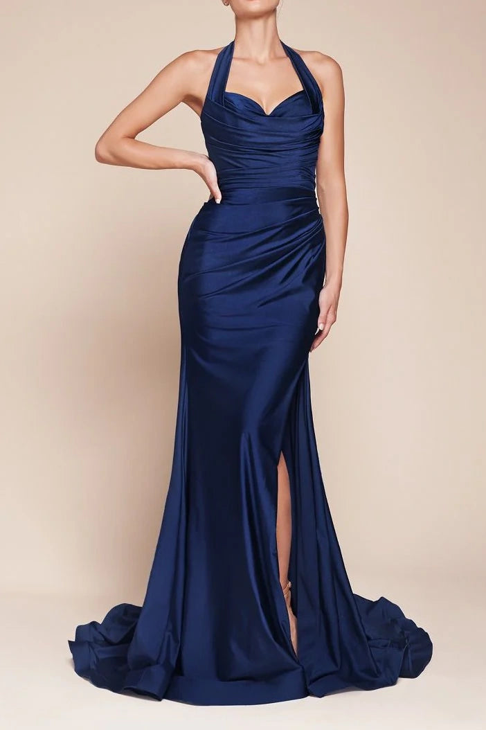 Deal Dash off-shoulder dressTrumpet Sweetheart Halter Ruched Long Bridesmaid Dress With Train