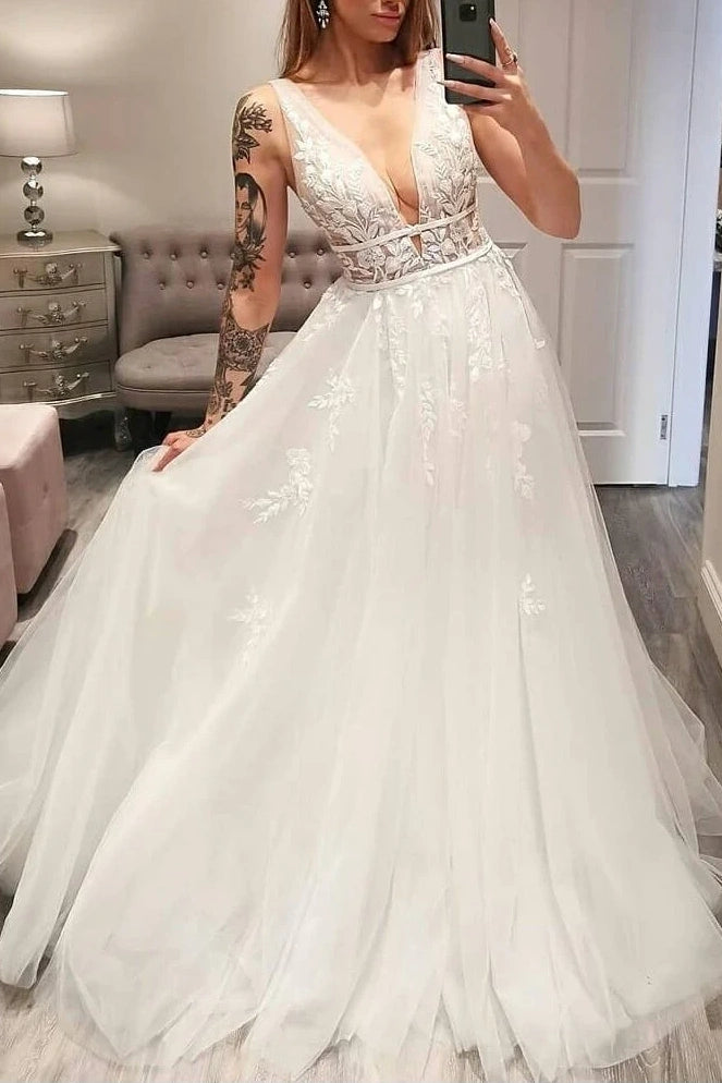 Extra Savings layered dressTulle A-Line V-Neck Sleeveless Long Wedding Dress