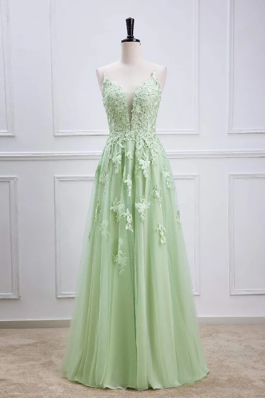 New Arrival cocktail party dressSage Green Plunging V Neck Lace-Up Appliques Long Prom Dress
