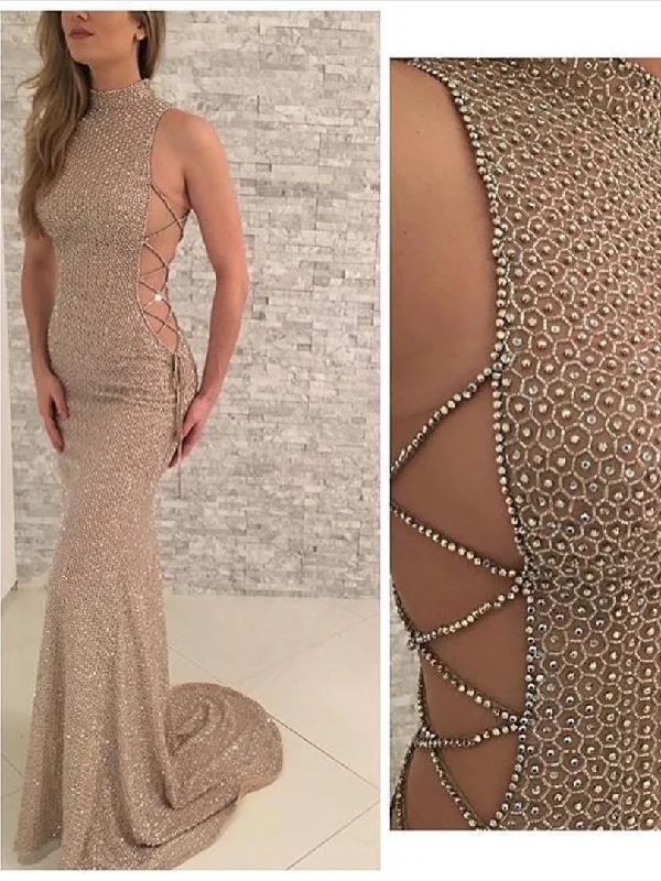 Unbeatable Prices Sexy Prom Dresses High Neck Sheath/Column Rhinestone Long Prom Dress Evening Dress JKL555