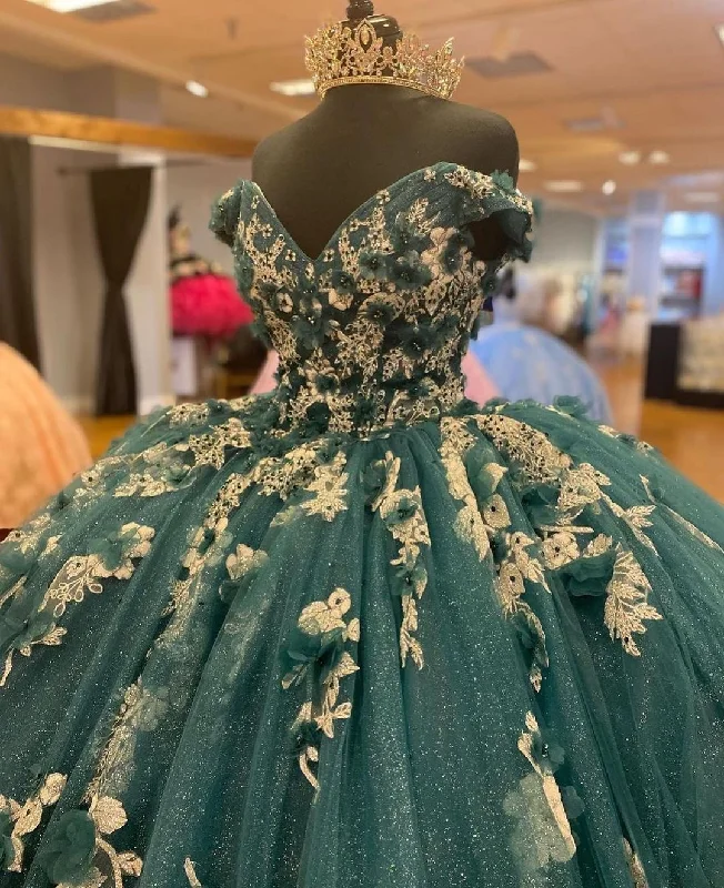 Savings Alert luxury dressDark Green Quinceanera Dresses Off the Shoulder Princess Pageant Ball Gown Flowers Y4432
