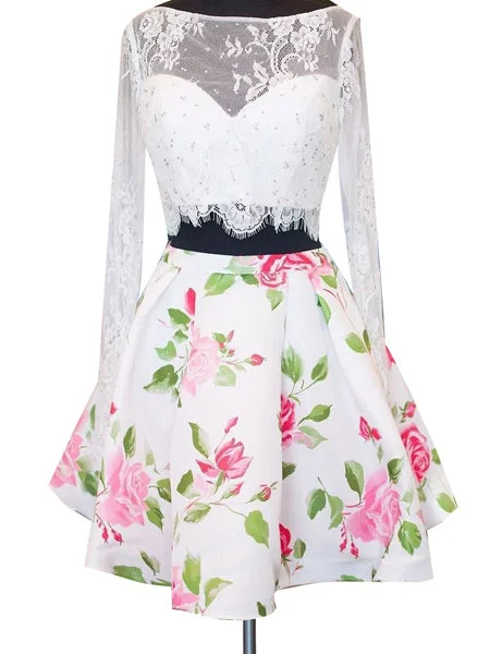 Big Discounts Two Piece Homecoming Dresses Long Sleeve Floral Print Short Prom Dress Party Dress JK679