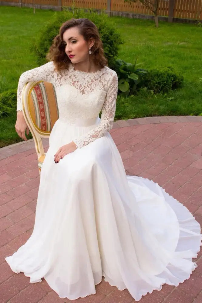 Deal Zone chic dressLace Long Sleeves Empire A-Line Chiffon Wedding Dress