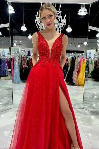 Referral Discount flowy maxi dressTulle A-Line V-Neck Sleeveless Appliques With Side Slit Prom Dress