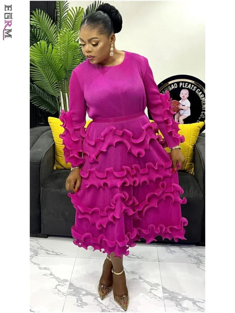 Sale Event slim fit coatEGRM Belt Pleated Miyake Dress Fashion Round Neck Long Sleeves Fungus Spliced Solid Elegant Dresses for Women 2024 New 5GR2974