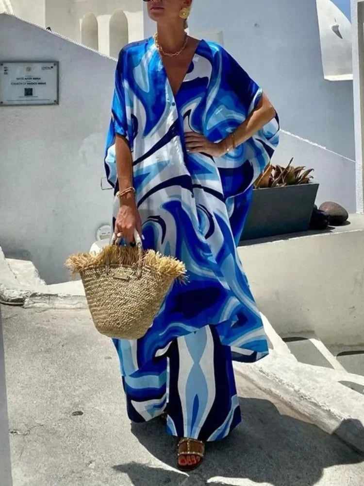 Massive Deals comfortable coatGymystars Womens Long Sundress 2024 summer V-neck Single-Breasted Batwing Sleeves Half Sleeves Buttoned Printed Maxi Dresses