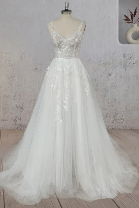 Amazing Deals A-line dressOpen Back V-Neck Spaghetti Straps Tulle A-Line Wedding Dress Amazing Deals A-line dressOpen Back V-Neck Spaghetti Straps Tulle A-Line Wedding Dress