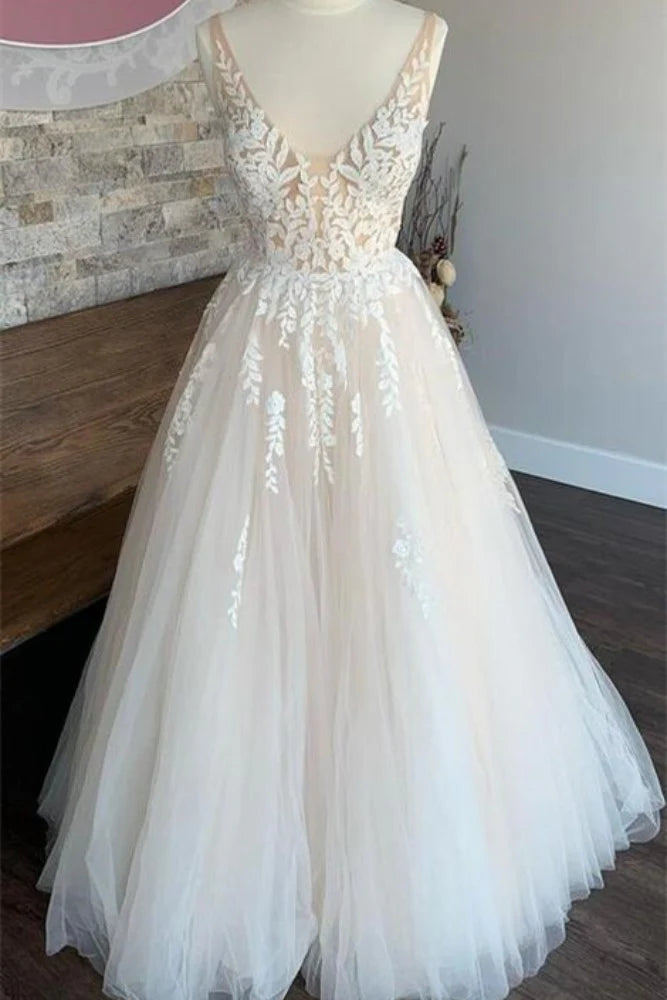 While Supplies Last satin dressTulle A-Line V-Neck Sleeveless Appliques Long Wedding Dress