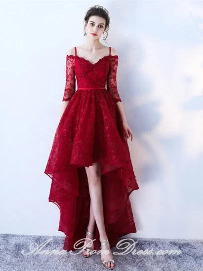 Limited Availability High Low Prom Dresses A Line Spaghetti Straps Burgundy Lace Chic Prom Dress JKL599