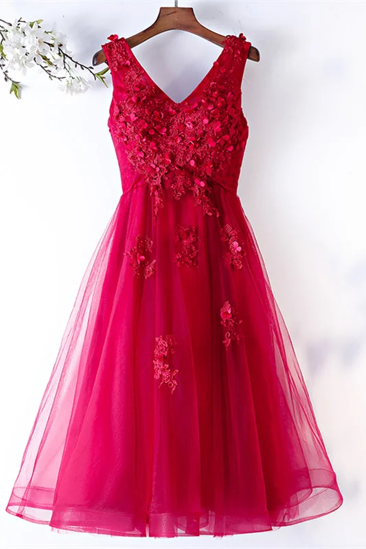 Clearance Sale structured dressRed A-line Plunging V Neck Beaded 3D Appliques Knee Length Formal Dress