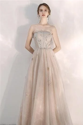 Incredible Offers elegant shift dressChampagne Strapless Tulle Long Prom Dress