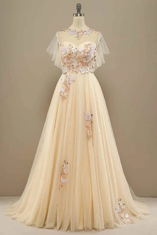 Unbeatable Prices trendy dressChampagne A-line Strapless Tulle Applique Ruffles Long Prom Gown