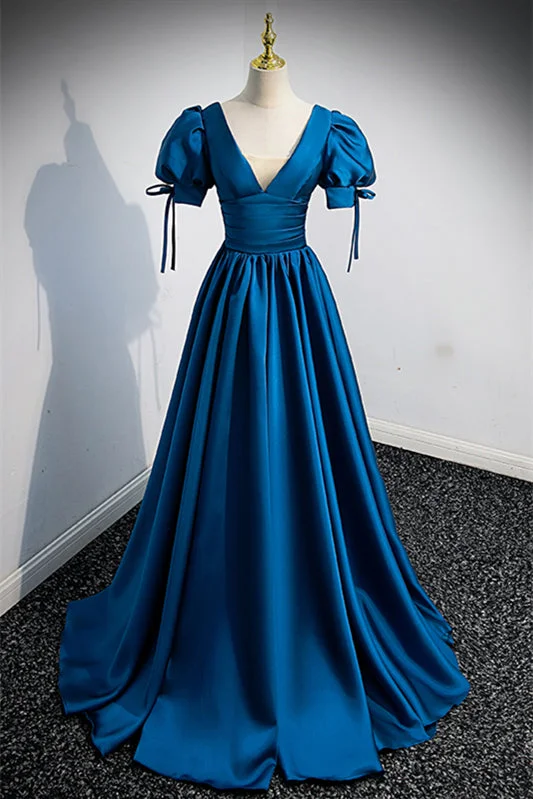 Last Chance cocktail party dressBlue Bow Tie Back V Neck Puff Sleeves Pleated Long Formal Dress