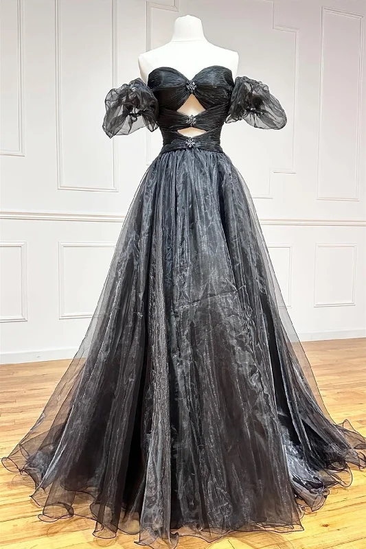 Discount Deals sophisticated dressBlack Off-Shoulder Rhinestones Puff Sleeves A-line Long Prom Dress