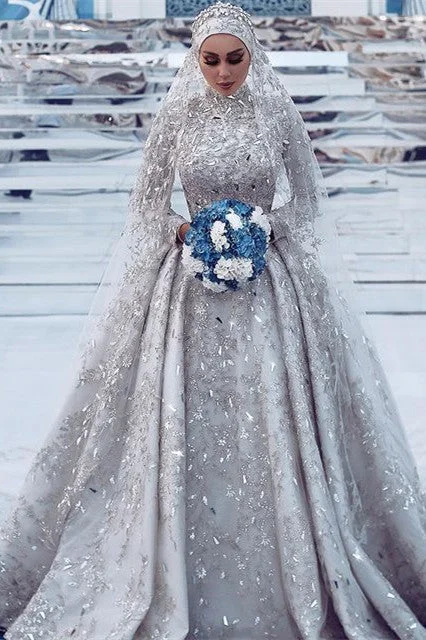 Online Exclusive High Neck Crystal Beaded Detachable Train Lace Wedding Dress
