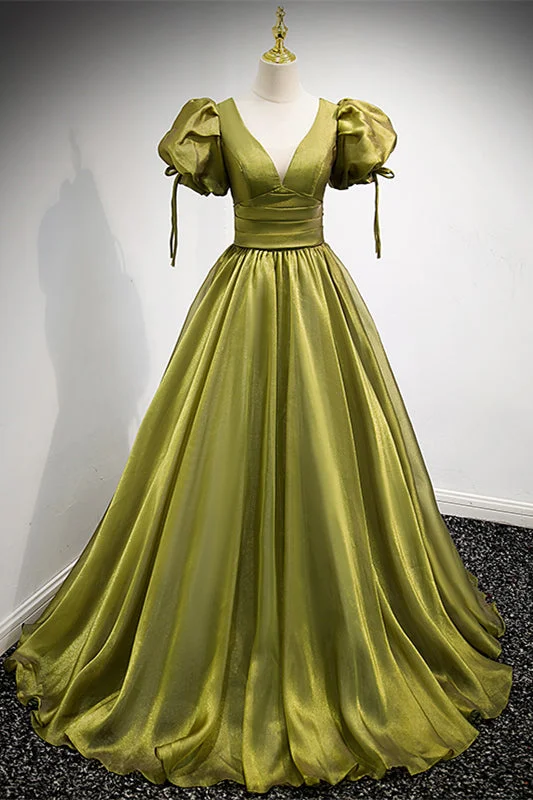 Inventory Reduction trendy wrap dressYellow Deep V Neck Puff Sleeves Bow Tie Back Satin Long Formal Dress Inventory Reduction trendy wrap dressYellow Deep V Neck Puff Sleeves Bow Tie Back Satin Long Formal Dress