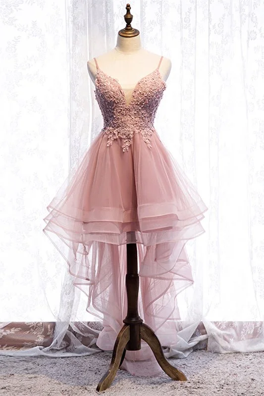 Price Slash chic dressA-line Deep V Neck Beaded Appliques Multi-Layers Hi-Low Formal Dress
