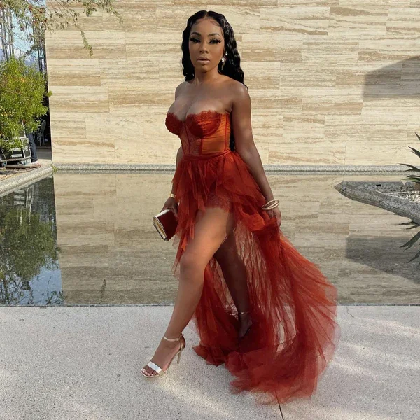 TIME-Limited Offer trendy wrap dressSleeveless Lace Tulle Ruffle High Slit Plus Size Evening Dress Y42