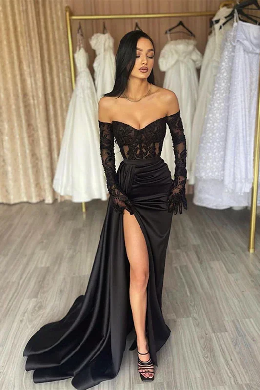 Don't Wait wrap dressElegant Long Black Off-the-shoulder Lace Mermaid Long Sleeves Prom Dress With Slit Y4328