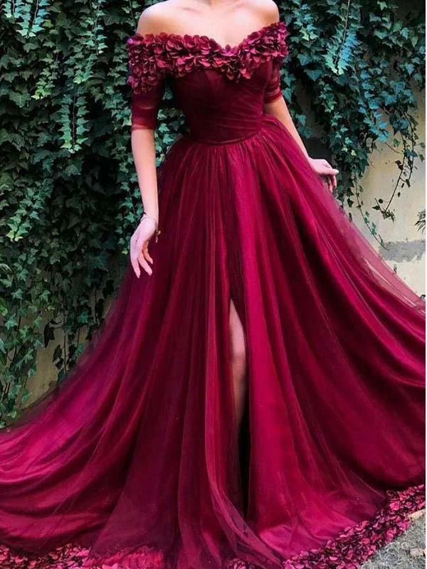 Act Now Half Sleeve Prom Dresses Off-the-shoulder Hand-Made Flower Burgundy Long Slit Prom Dress JKL1491