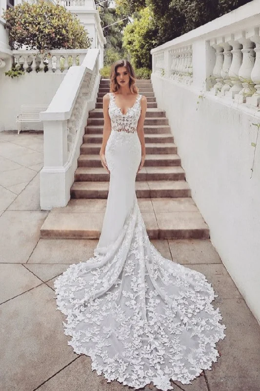 Deep Discounts AmazingTrain Sleeveless V neck Lace mermaid wedding dresses