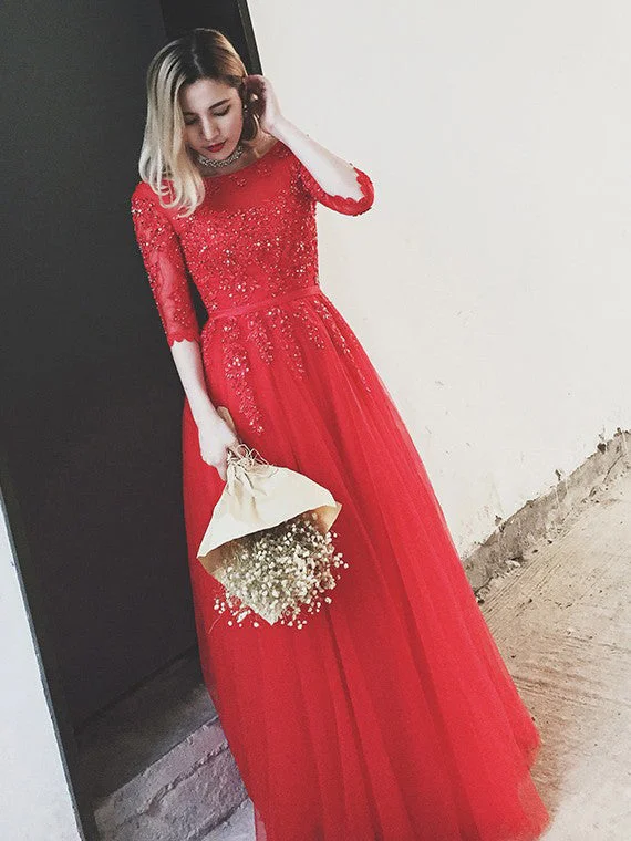 Crazy Deals Red Prom Dresses Bateau Floor-length Appliques Lace-up Long Prom Dress Evening Dress JKL618