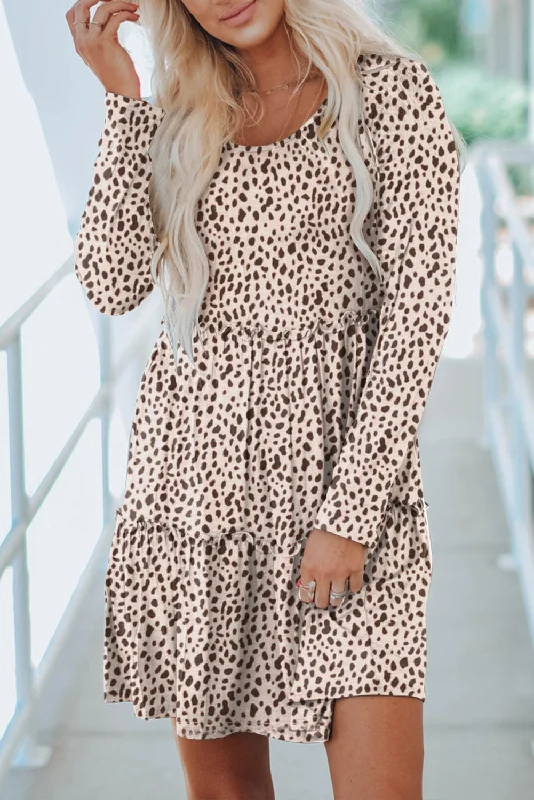 Don't Miss Leopard Animal Print Tiered Long Sleeve Dress